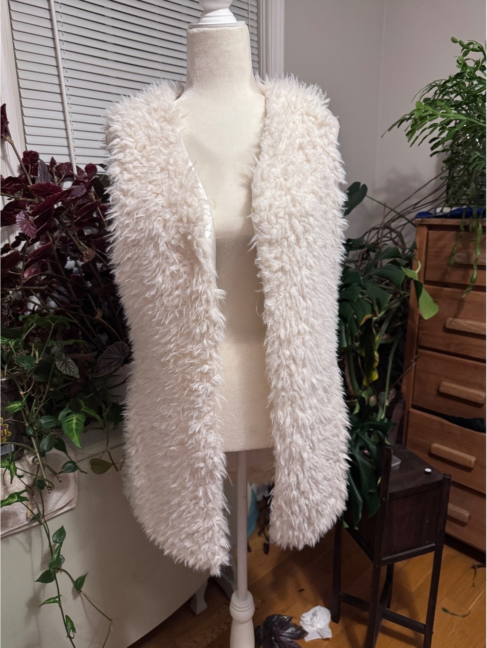 Long faux fur white vest